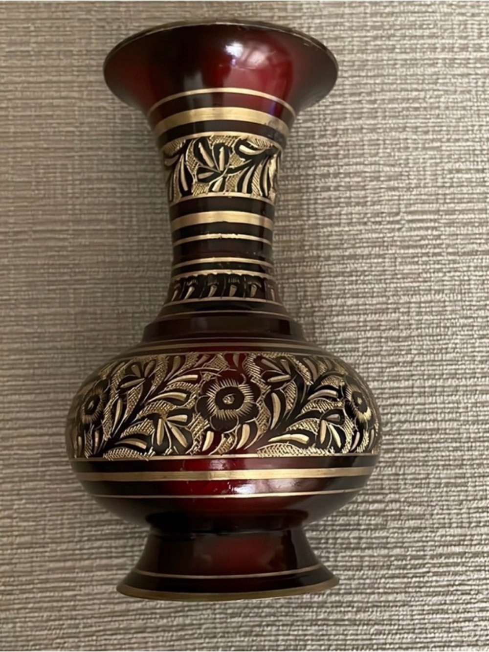 Vintage  Engraved Metal Brown And Gold Vase with flowers, made in India